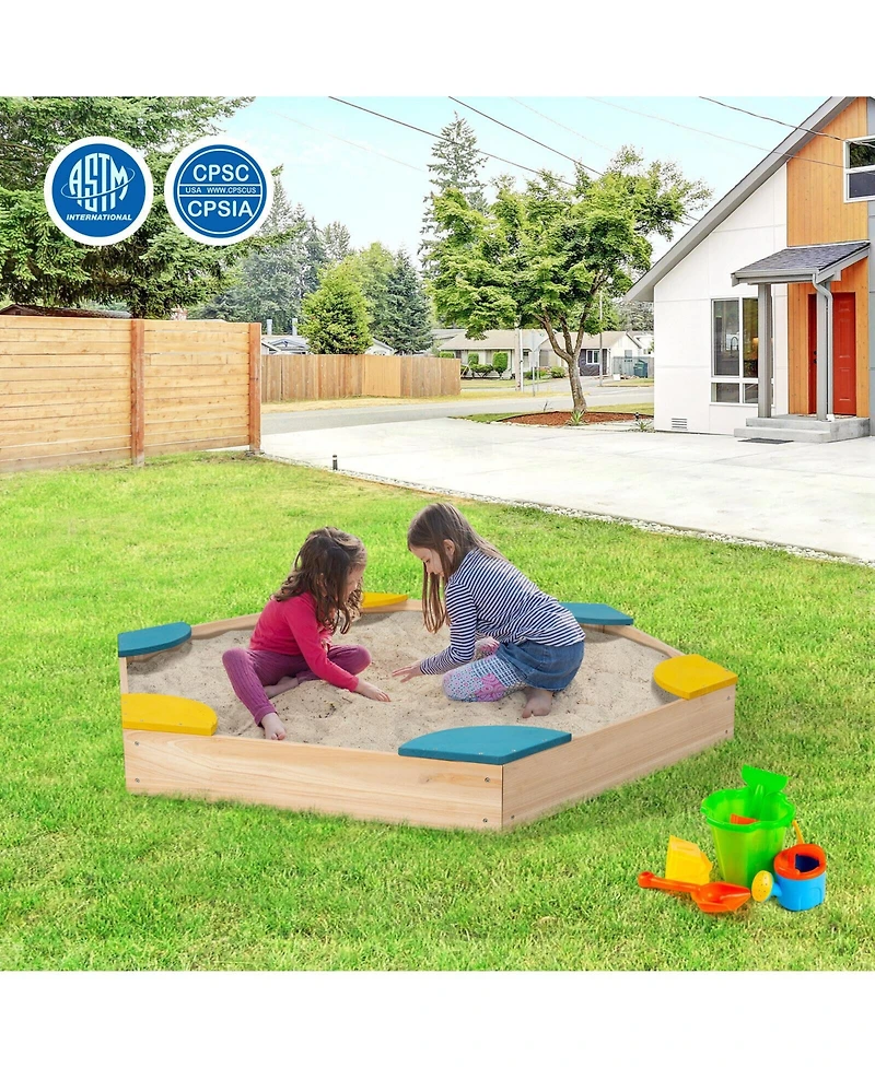 Outdoor Solid Wood Sandbox with 6 Built-in Fan-shaped Seats