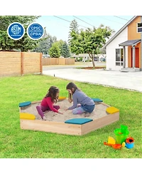 Outdoor Solid Wood Sandbox with 6 Built-in Fan-shaped Seats
