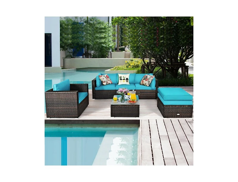 6 Pieces Patio Rattan Furniture Set with Sectional Cushion