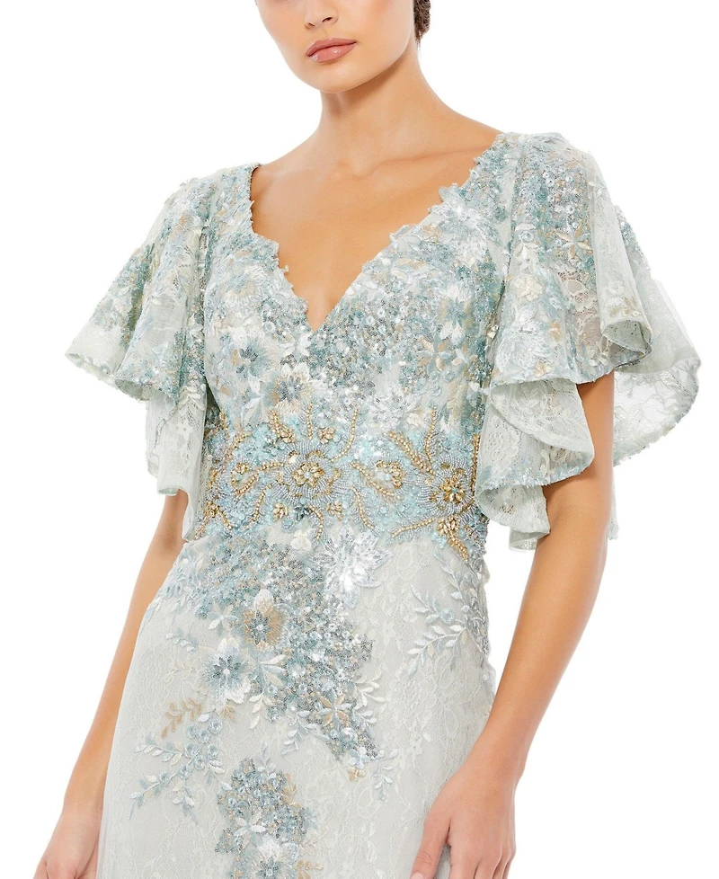 Women's Bell Sleeve Floral Embellished Gown