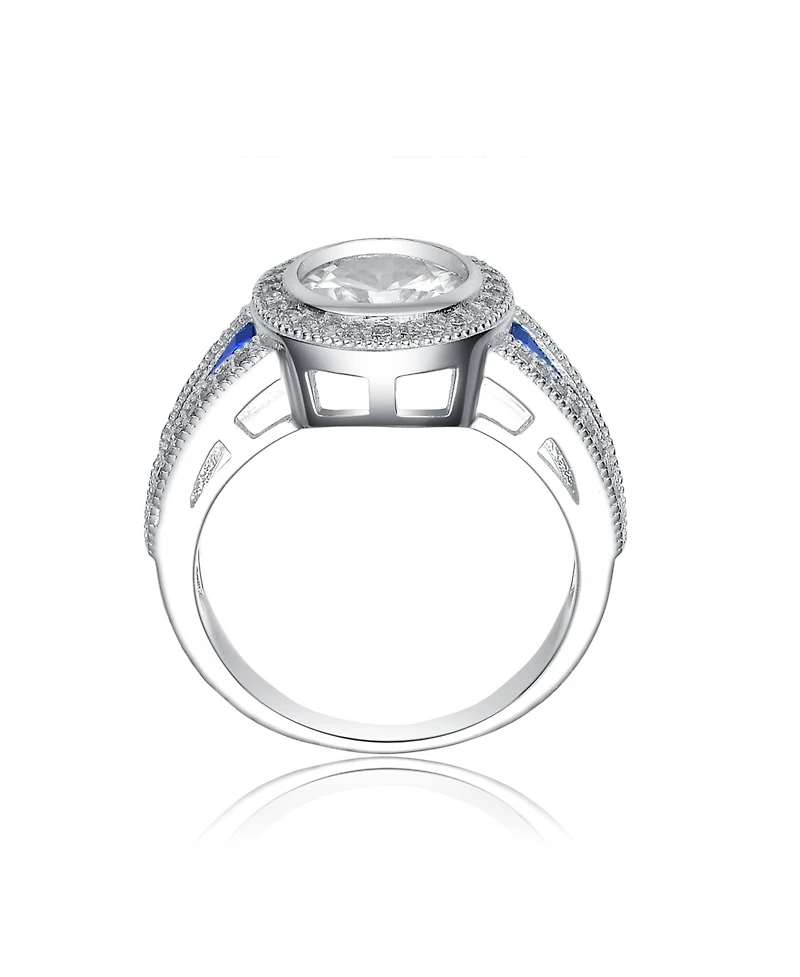Sterling Silver White Gold Plated with Colorful stones on the Band and Round Cubic Zirconia Ring