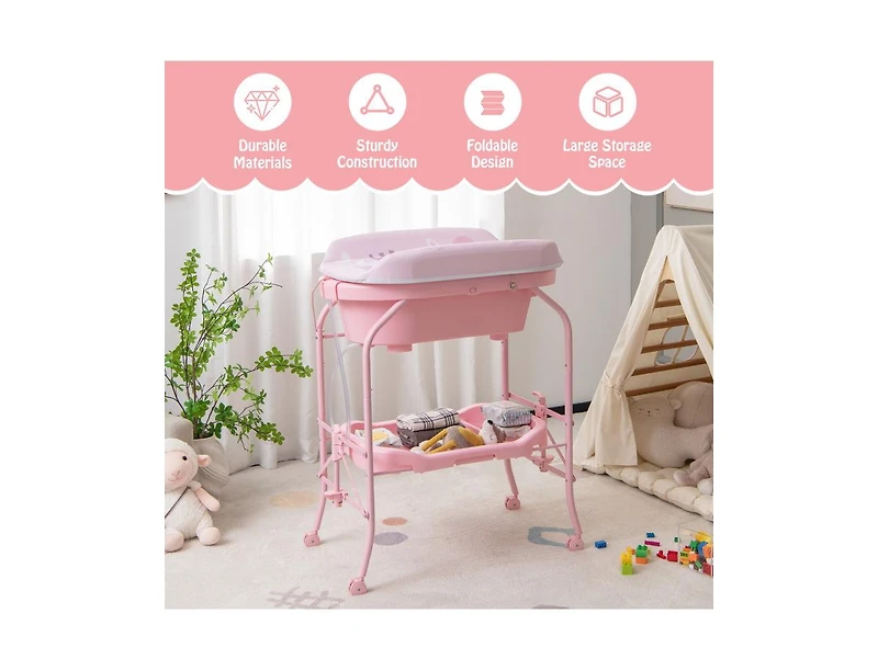 Portable Baby Changing Table with Storage Basket and Shelves