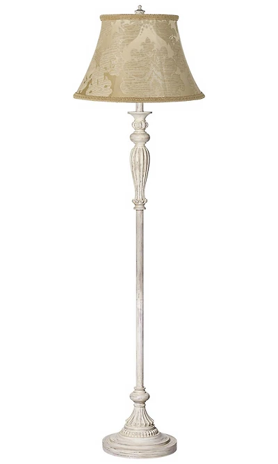 Traditional Vintage like Shabby Chic Standing Floor Lamp 60" Tall Antique White Washed with Ivory Brocade Fabric Bell Shade Decor for Living Room