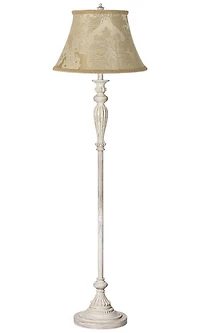 Traditional Vintage like Shabby Chic Standing Floor Lamp 60" Tall Antique White Washed with Ivory Brocade Fabric Bell Shade Decor for Living Room