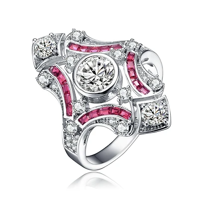 Sterling Silver Baguette and Round Cubic Zirconia Modern Ring