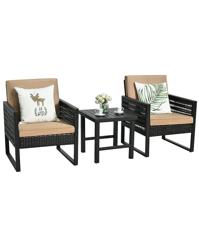 3 Pieces Patio Rattan Bistro Cushioned Furniture Set
