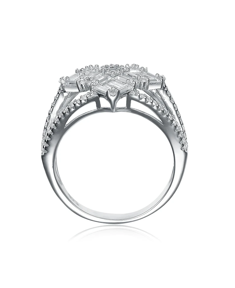 Sterling Silver with White Gold Plated Triple Split Shank Clear Baguette Round Cubic Zirconia Ring