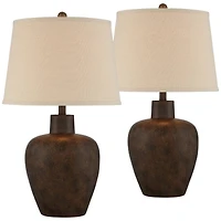 Regency Hill Glenn Rustic Farmhouse Table Lamps 27" Tall Set of 2 Dark Terra Cotta Tapered Fabric Drum for Bedroom Living Room Bedside Nightstand