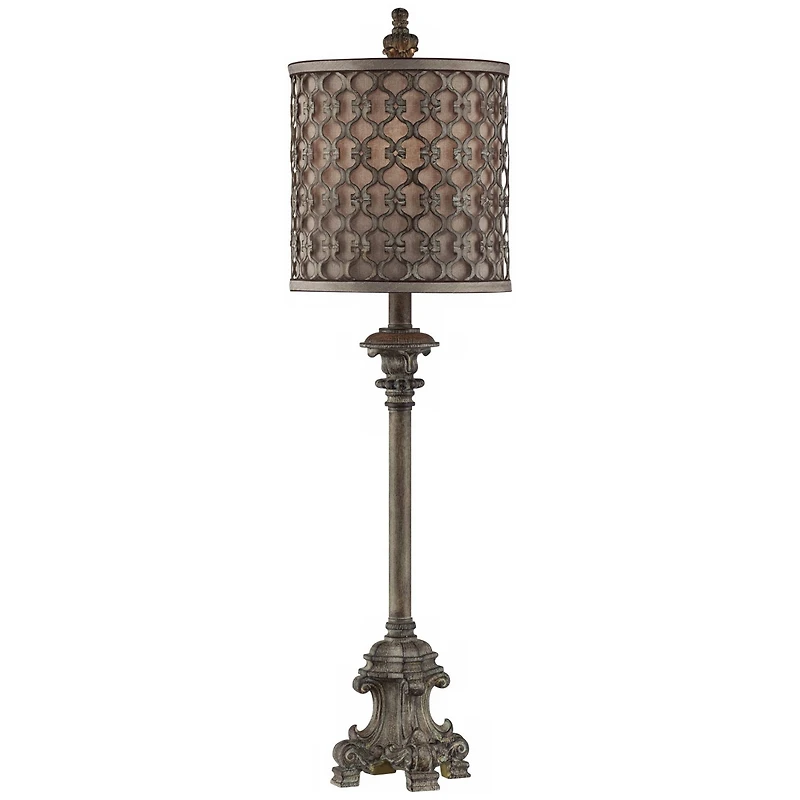Regency Hill French Buffet Table Lamp Beige Scroll Metal Lattice Candlestick Framed Cylinder Shade for Dining Room
