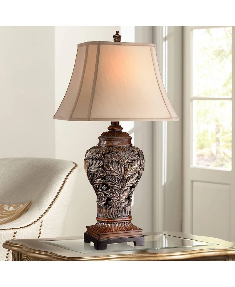 Barnes and Ivy Leafwork Vase 32 1/2" Tall Large Traditional End Table Lamp Brown Wood Finish Tan Rectangular Shade Living Room