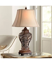 Barnes and Ivy Leafwork Vase 32 1/2" Tall Large Traditional End Table Lamp Brown Wood Finish Tan Rectangular Shade Living Room