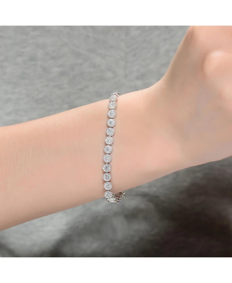 Sterling Silver White Gold Plated Cubic Zirconia Cluster Tennis Bracelet