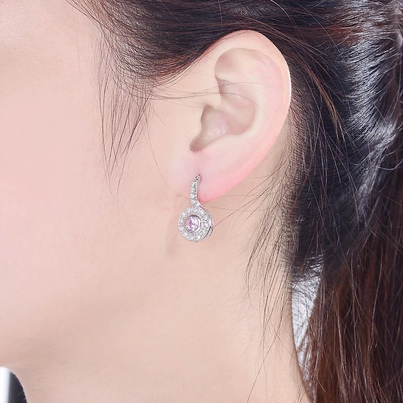 Modern White Gold Plated Round Dangle Earrings with Pink Cubic Zirconia