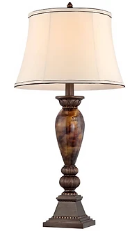 Mulholland Traditional Vintage like Table Lamp 33" Tall Aged Bronze Golden Faux Marble Off White Bell Shade for Living Room Bedroom House Bedside