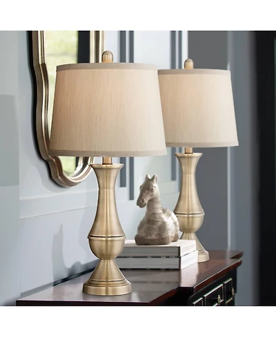 Regency Hill Becky Traditional Table Lamps 24 3/4" High Set of 2 Antique Brass Metal Beige Drum Shade for Bedroom Living Room Bedside Nightstand