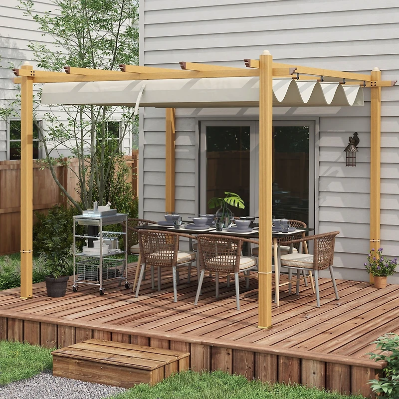 Outsunny 10'x10' Retractable Pergola with Wood Grain Aluminum Frame,