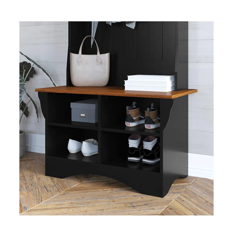 Hall Tree With Divided Storage Bench, 3 Hook Coat Rack, 4 Cubby Bench For