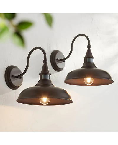 Gough Rustic Industrial Farmhouse Outdoor Barn Light Fixtures Set of 2 Bronze Dusk To Dawn Motion Sensor Dark Sky 12 1/2" for Exterior House Porc