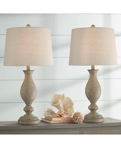 Regency Hill Serena Country Cottage Table Lamps 27 1/2" Tall Set of 2 Beige Gray Oatmeal Fabric Drum Shade for Bedroom Living Room Bedside Nights
