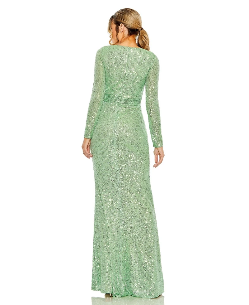 Mac Duggal Women's Floor-Length Sequin Gown Featuring Long Sleeves and Sheer Accents