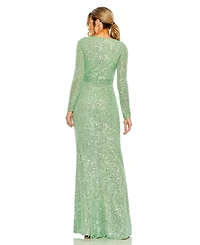 Mac Duggal Women's Floor-Length Sequin Gown Featuring Long Sleeves and Sheer Accents