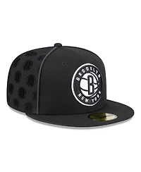 Men's New Era Black Brooklyn Nets Piped & Flocked 59Fifty Fitted Hat