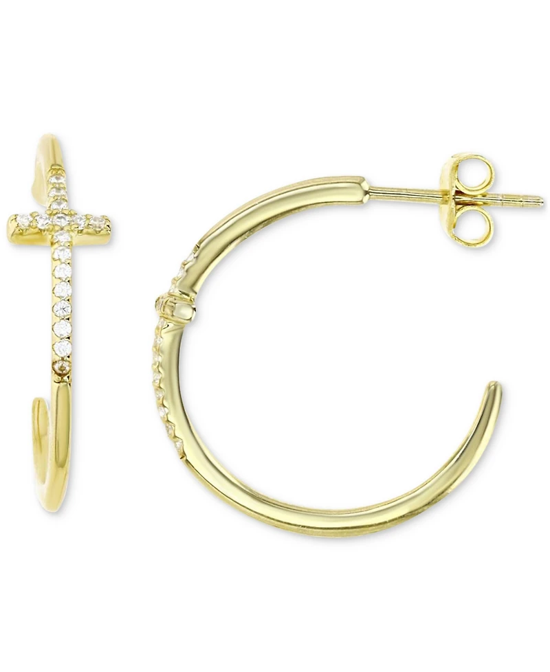 Cubic Zirconia Cross Polished Tube Small Hoop Earrings, 0.79"
