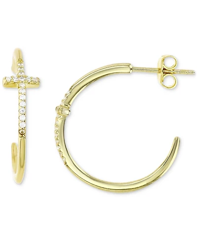 Cubic Zirconia Cross Polished Tube Small Hoop Earrings, 0.79"