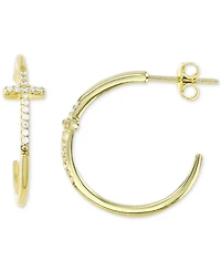 Cubic Zirconia Cross Polished Tube Small Hoop Earrings, 0.79"