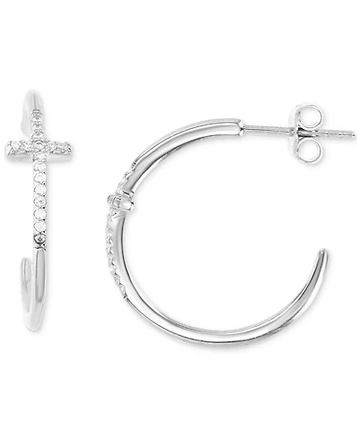 Cubic Zirconia Cross Polished Tube Small Hoop Earrings, 0.79"