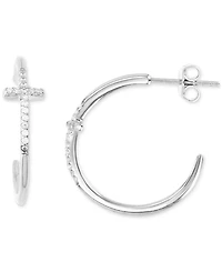 Cubic Zirconia Cross Polished Tube Small Hoop Earrings, 0.79"