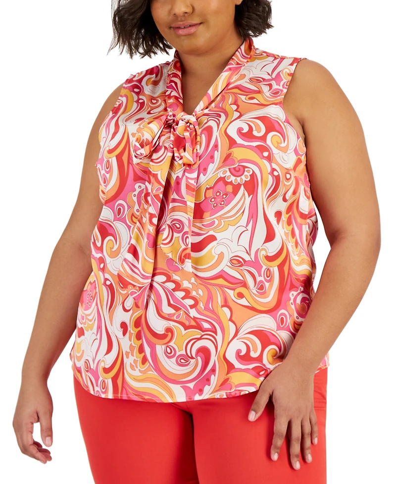 Tahari Asl Plus Size Printed Sleeveless Bow Blouse