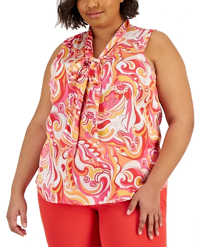 Tahari Asl Plus Size Printed Sleeveless Bow Blouse