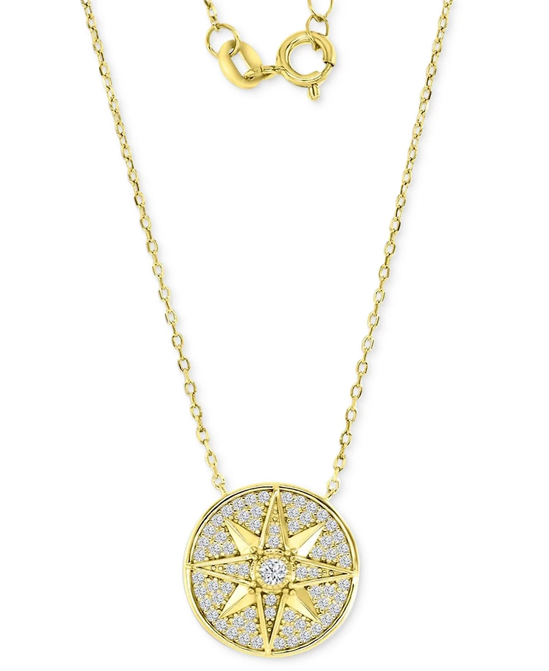 Cubic Zirconia Pave Compass Disc Pendant Necklace in 14k Gold-Plated Sterling Silver, 16" + 2" extender