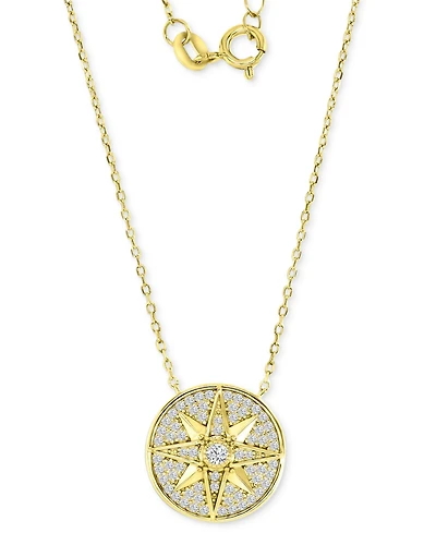 Cubic Zirconia Pave Compass Disc Pendant Necklace in 14k Gold-Plated Sterling Silver, 16" + 2" extender