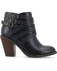 Journee Collection Women's Strap Round Toe Stacked Heel Dress Booties