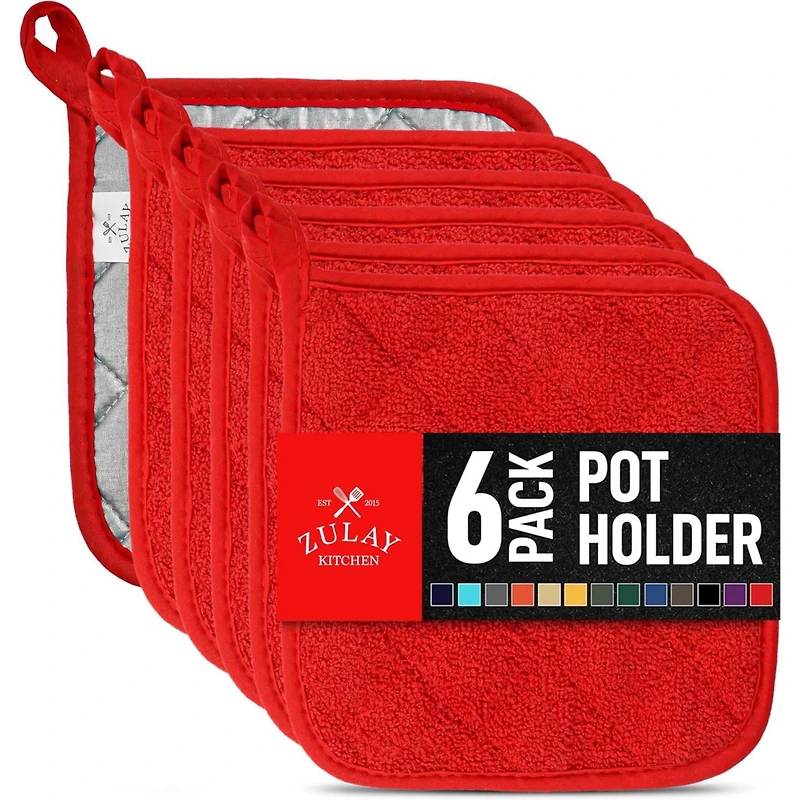 Washable Quilted Terry Cloth Potholder for Cooking and Baking (6 Pack)
