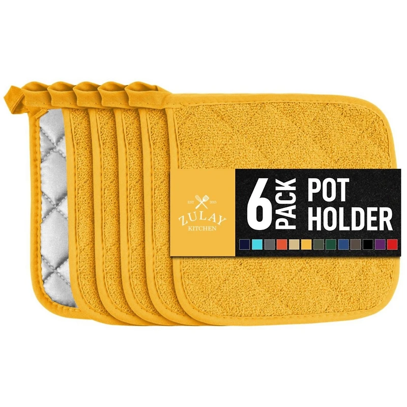 Washable Quilted Terry Cloth Potholder for Cooking and Baking (6 Pack)