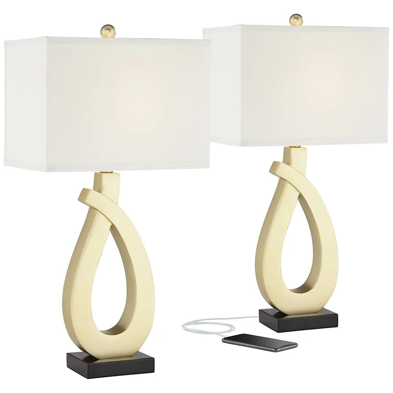 360 Lighting Simone Modern Table Lamps 28" Tall Set of 2 Sculptural Gold Metal Usb Charging Port White Rectangular Shade Bedroom Living Room