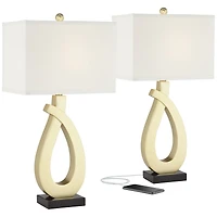 360 Lighting Simone Modern Table Lamps 28" Tall Set of 2 Sculptural Gold Metal Usb Charging Port White Rectangular Shade Bedroom Living Room