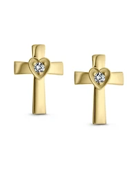 Bling Jewelry Tiny Minimalist Religious Christian Catholic CZ14K Gold Screw back Heart Cross Stud Earrings