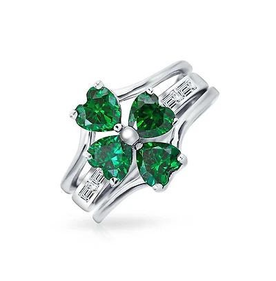 Bling Jewelry St Patrick Shamrock Irish Green Cz Flower Lucky Four Leaf Clover Inset Ring Set Sterling Silver Cubic Zirconia
