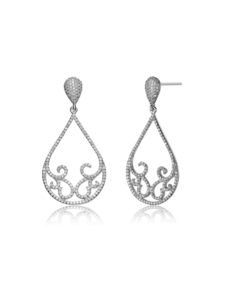 Sterling Silver White Gold Plated Cubic Zirconia Peardrop Swirl Design Earrings