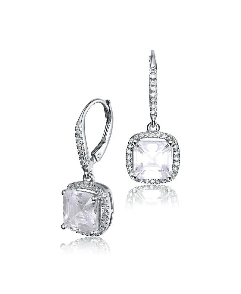 Sterling Silver White Gold Plated White Cubic Zirconia Radiant Square Drop Earrings