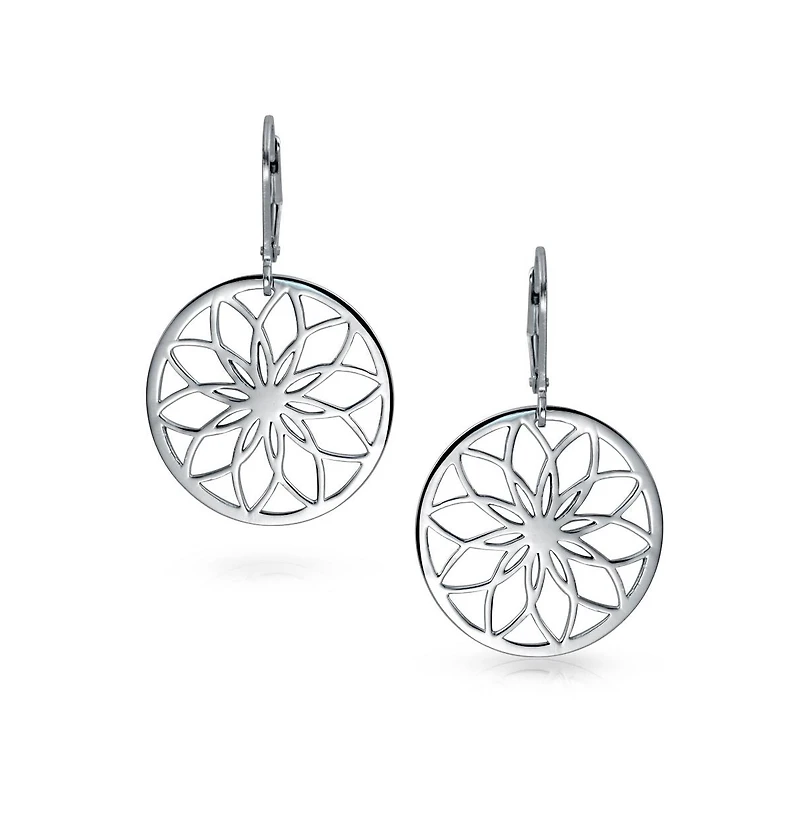 Bling Jewelry Geometric Floral Garden Round Circle Disc Cutout Flower Dangle Earrings Sterling Silver Lever Back