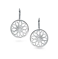 Bling Jewelry Geometric Floral Garden Round Circle Disc Cutout Flower Dangle Earrings Sterling Silver Lever Back
