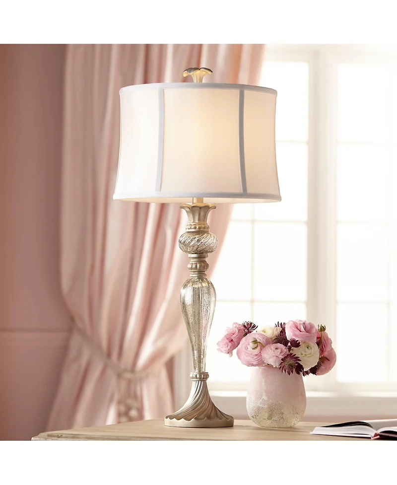 Regency Hill Alyson Traditional Buffet Table Lamp 32 3/4" Tall Mercury Glass Silver Champagne White Drum Shade for Bedroom Living Room Bedside Ho