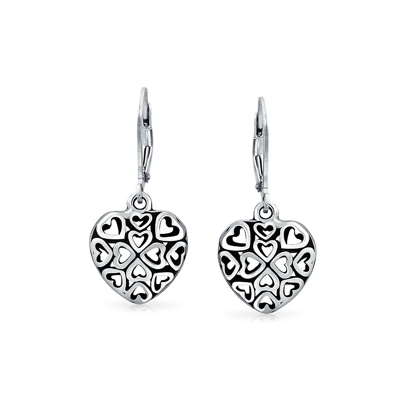 Bling Jewelry Open Clover Flower Filigree Heart Dangle Earrings Oxidized Rose Gold Sterling Silver