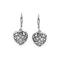 Bling Jewelry Open Clover Flower Filigree Heart Dangle Earrings Oxidized Rose Gold Sterling Silver