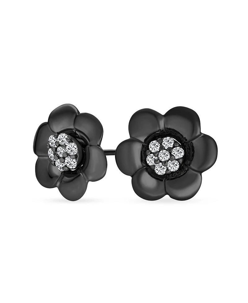 Bling Jewelry 2 In 1 Removable Jackets Simple Danity Pave Cz Stud Center with Petal Flower Jacket Rose Stud Earrings Black Plated Sterling Silver